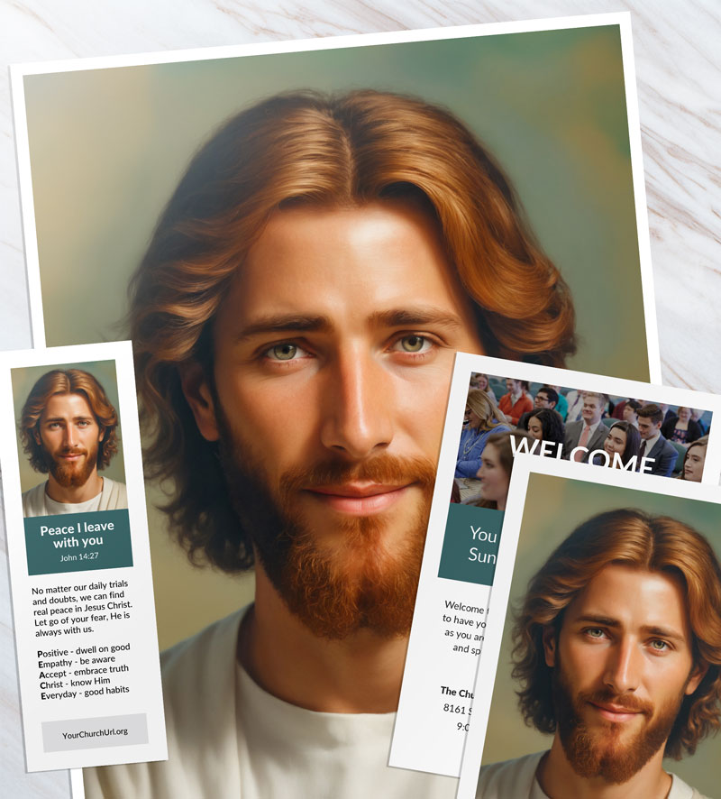 Printed pictures of Jesus Christ: a large portrait print, a smaller print, a Peace I leave with you bookmark, and a church welcome invitation card